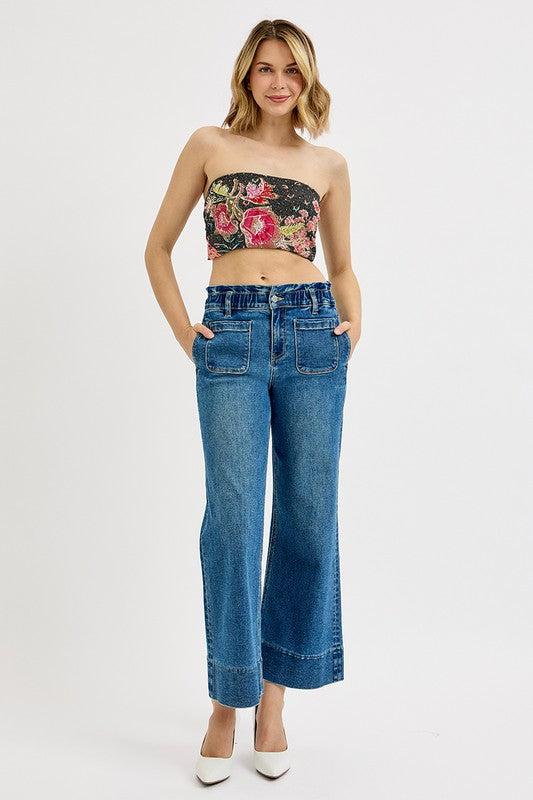 Elastic Band High Rise Crop Wide Leg Ruffle Band
