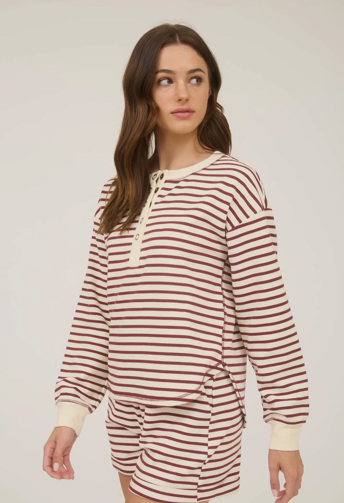 Stripe Henley Snap Button Long Sleeve
Knit Top
