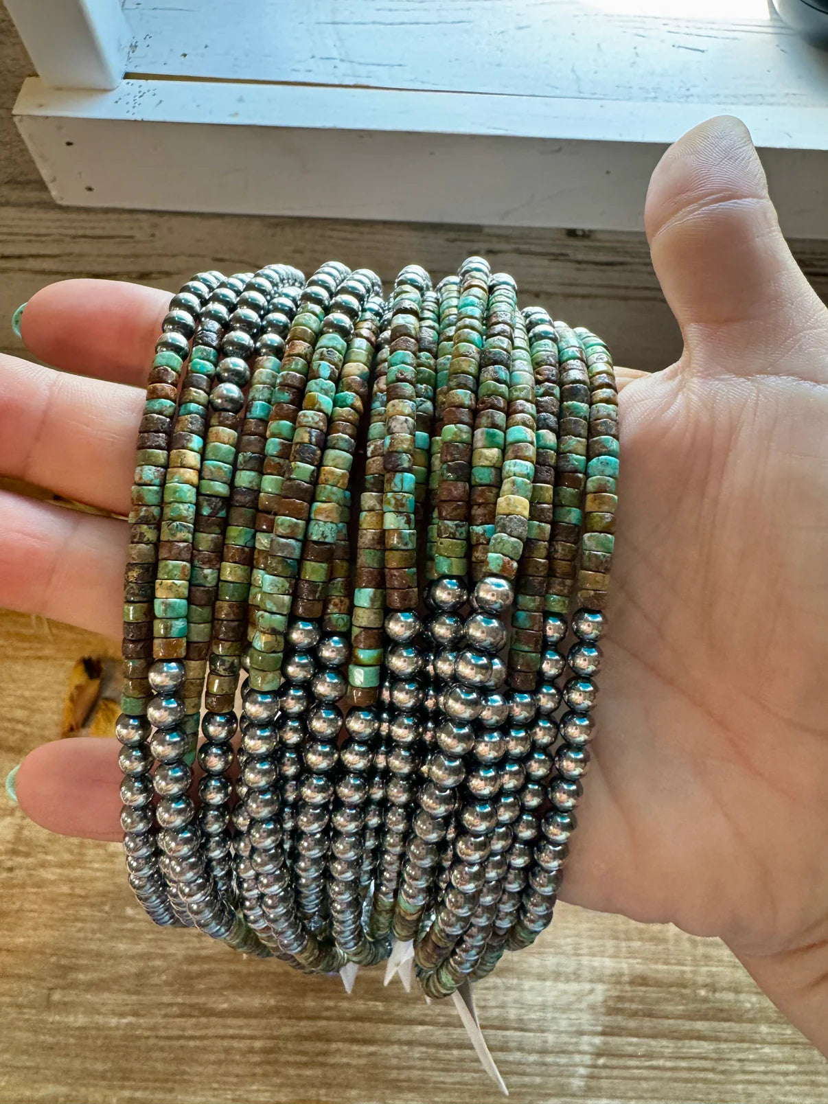 Sterling Silver Pearl & Green
Heishi Turquoise Necklace - 19"