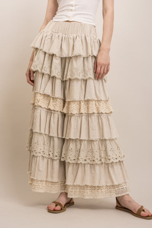 EYELET & LACE MIX TIERED LACE RUFFLE PANTS