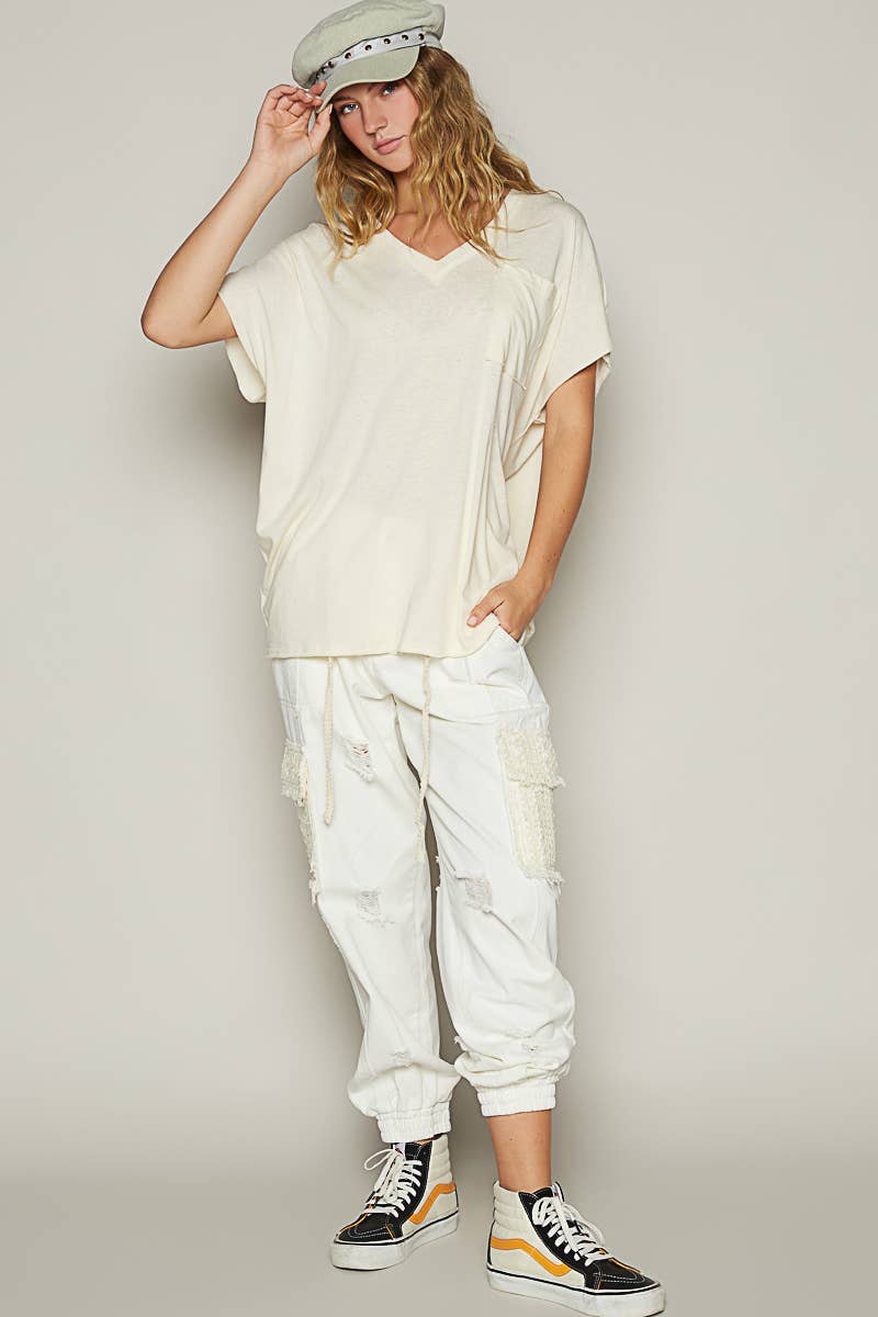 Oversized v-neck front pocket short sleeve solid top SALE