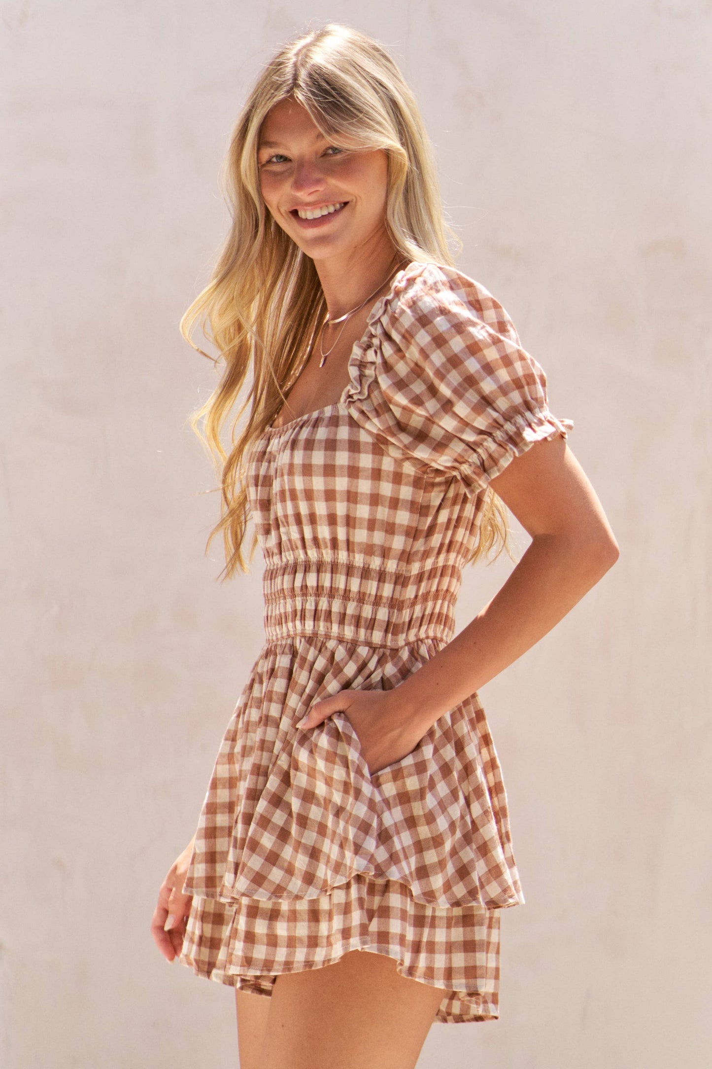 GINGHAM PRINT PUFF SLEEVE ROMPER