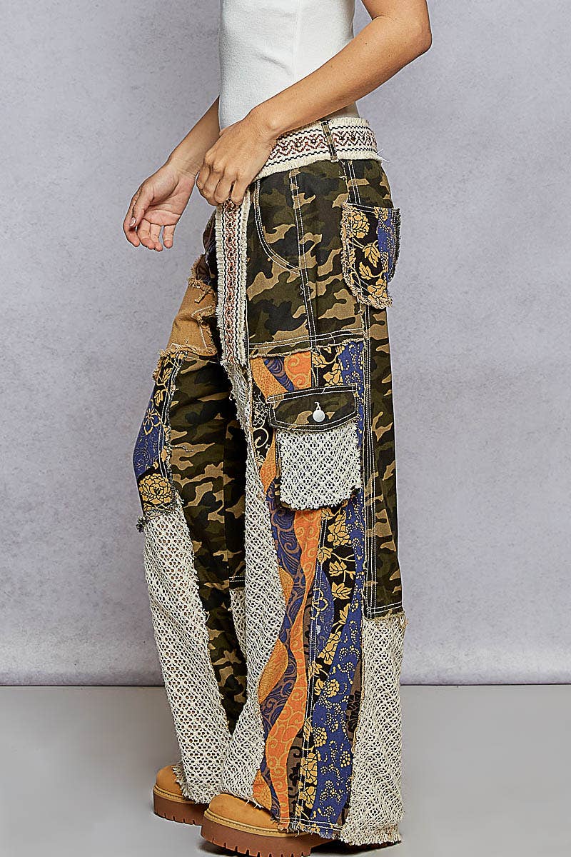 Printed patchwork detail woven twill pants
