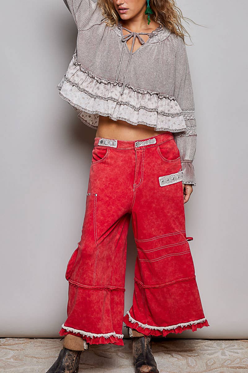 Deep V-Neck Cotton Eyelet Ruffle Balloon Sleeve Thermal Top
