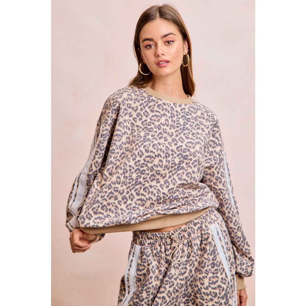 LEOPARD FRENCH TERRY LACE CONTRAST SWEATSHIRT TOP