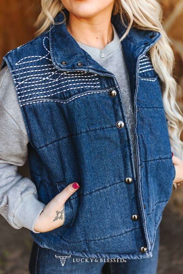 Denim Puffer Studded Button Down Vest