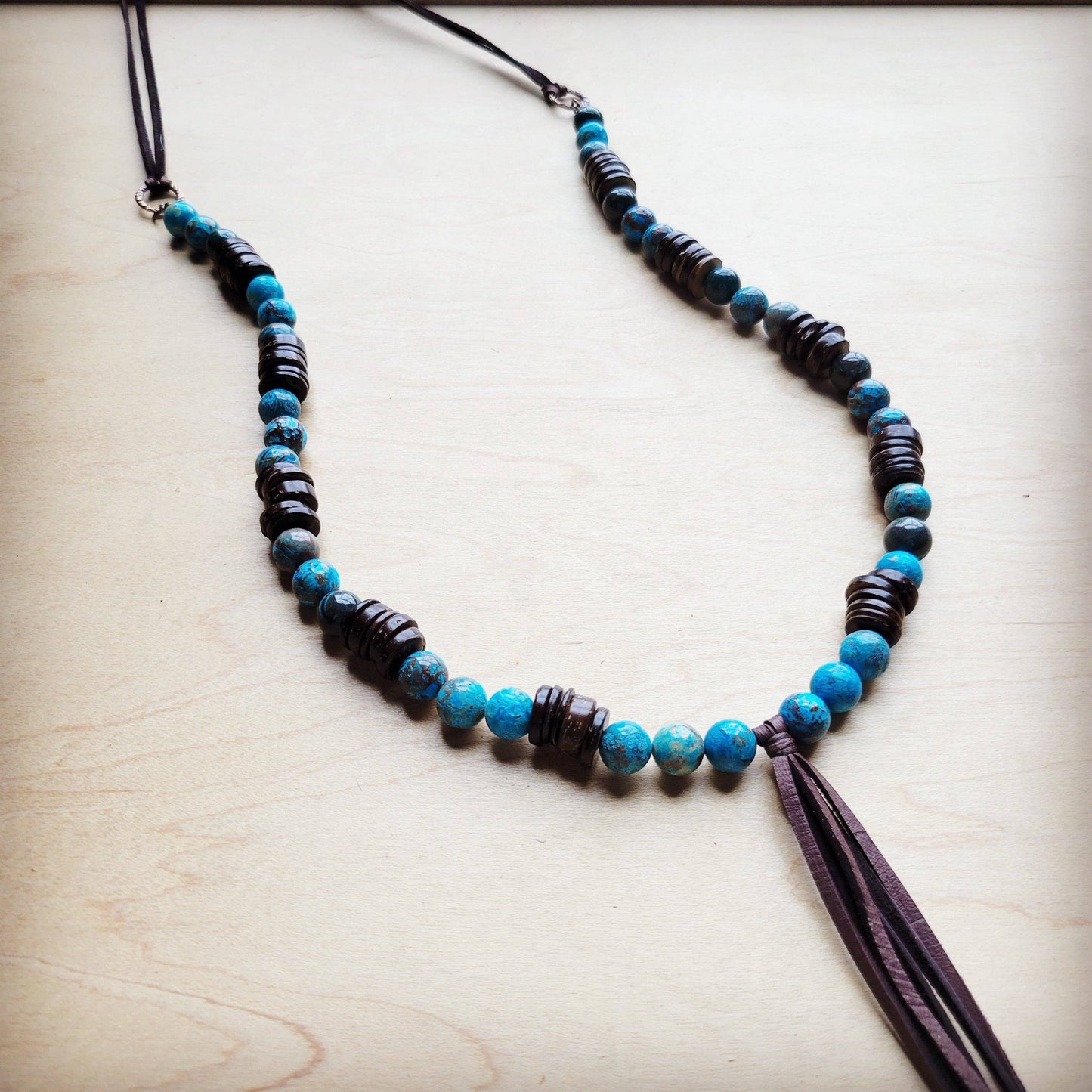 **Ocean Agate Necklace with Wood Beads and Leather Tassel