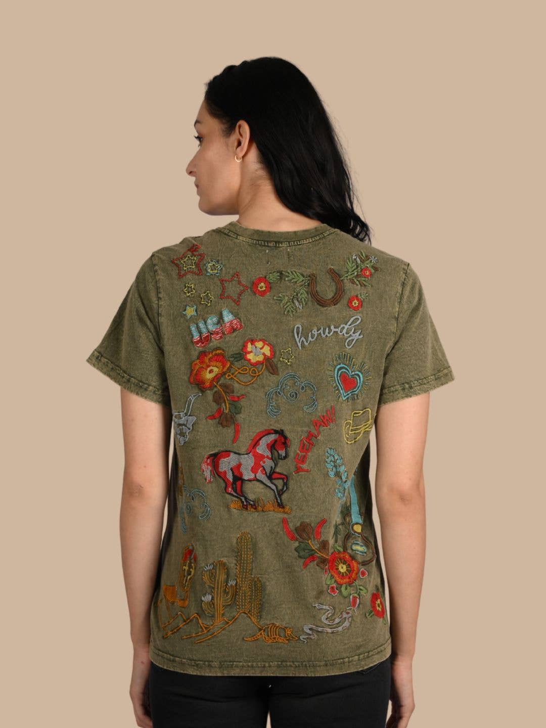 Howdy Embroidered Casual Crew-Neck T-Shirt