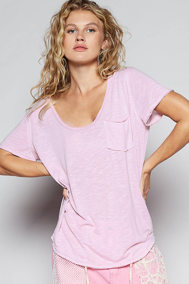 Scoop Neck Rayon Slub Tee with Pocket Front and Short Sleeve