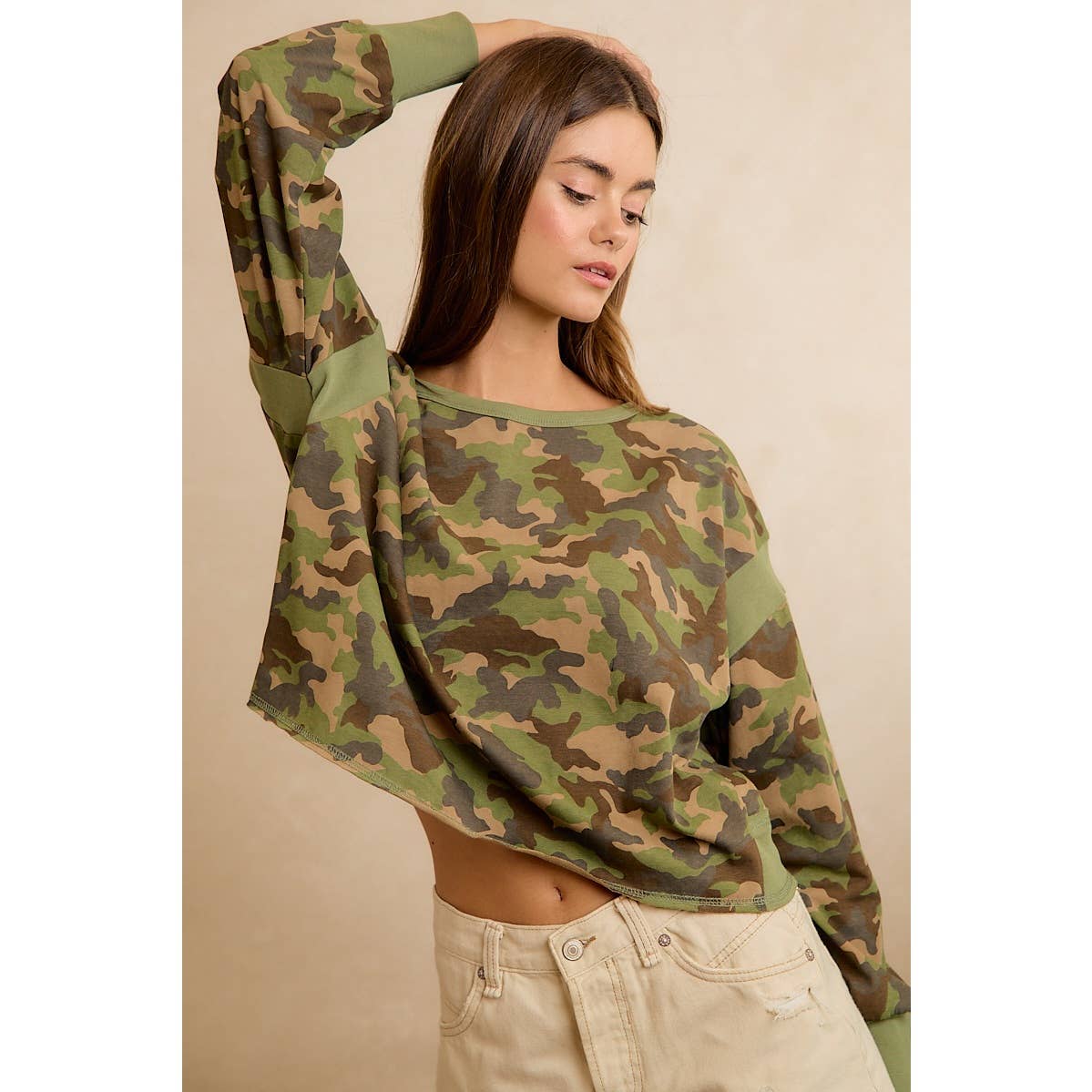 CAMO JERSEY OPEN BACK LONG SLEEVES TOP