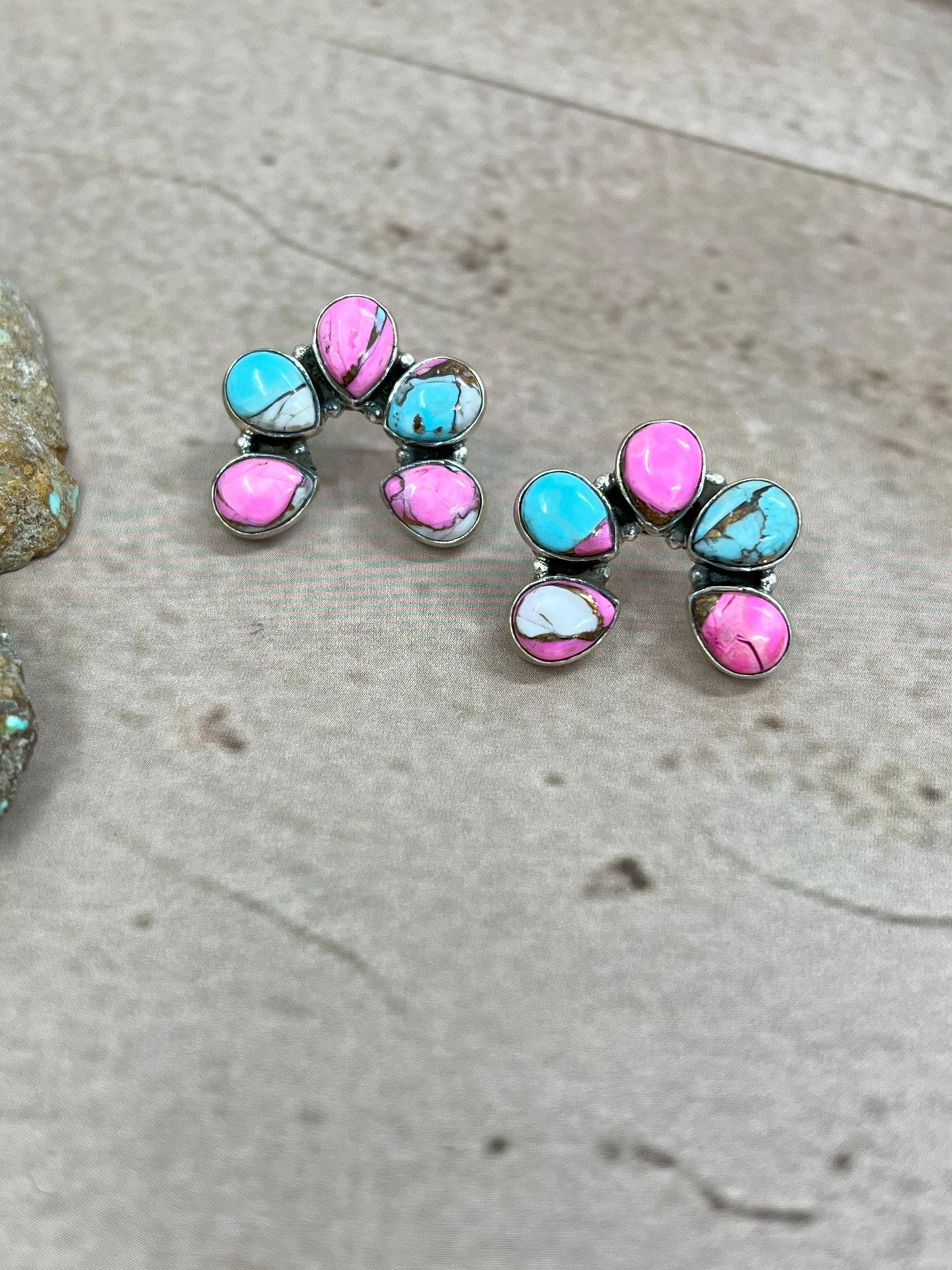 Handmade Sterling Silver Cotton Candy Turquoise Squash Blossom Post Earrings with Signed Nizhoni