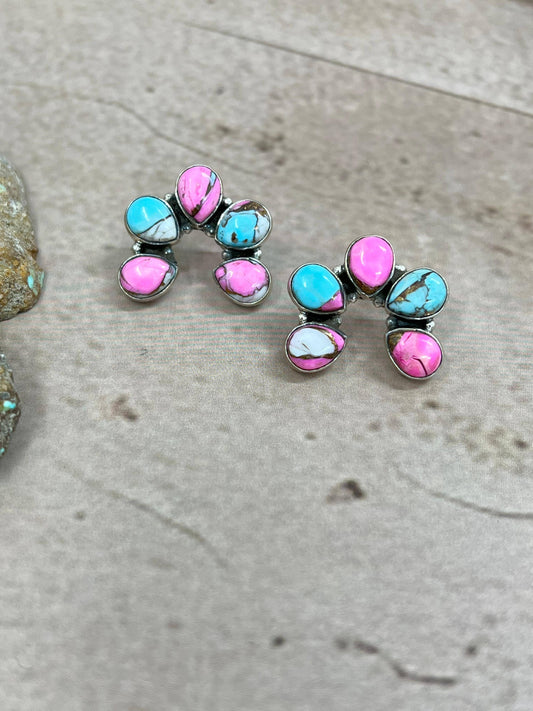 Handmade Sterling Silver Cotton Candy Turquoise Squash Blossom Post Earrings with Signed Nizhoni