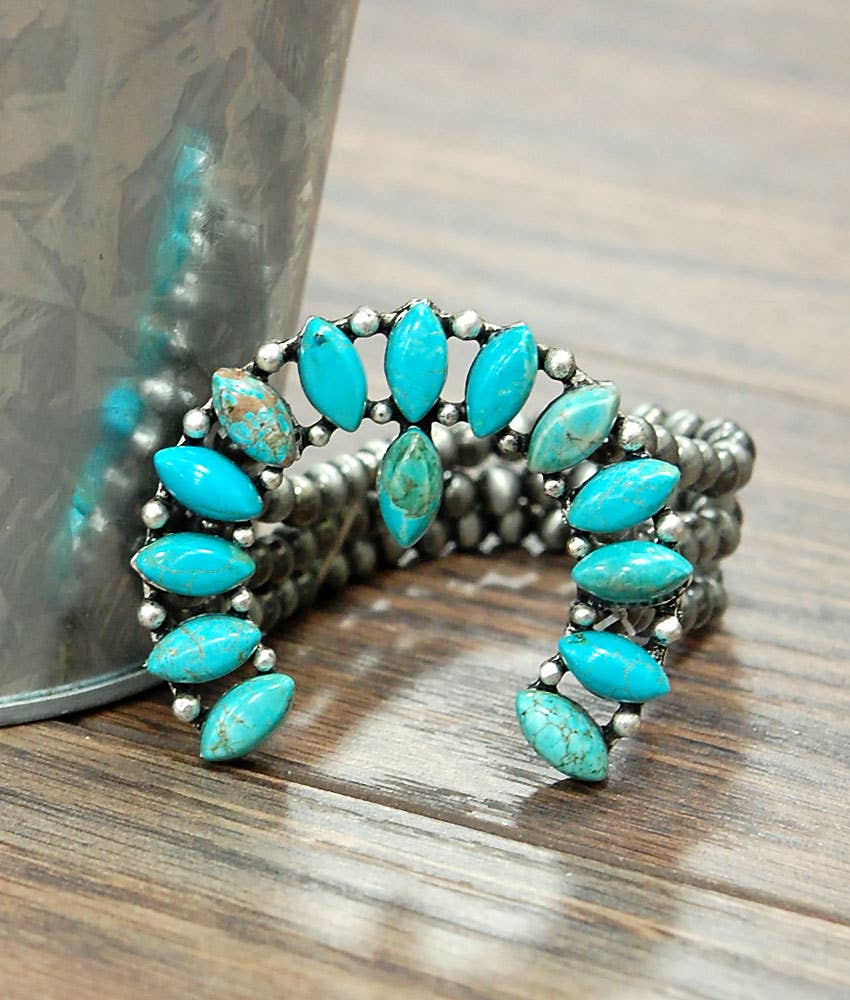 710592, Handmade Squash Blossom Turquoise Stretch Bracelet