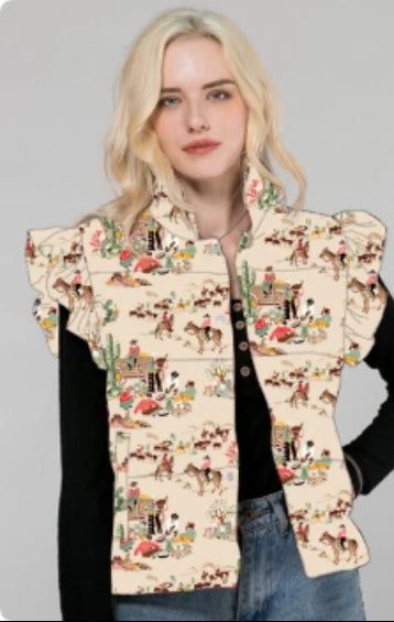 TAUPE WAGON WHEEL RUFFLE VEST