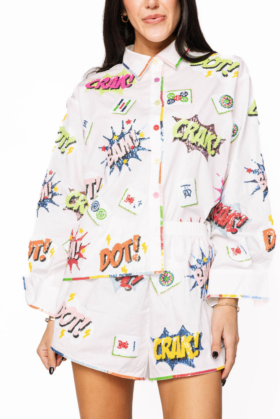 Queen Of Sparkles White Mahjong Icon Rainbow Trim Collared Top
