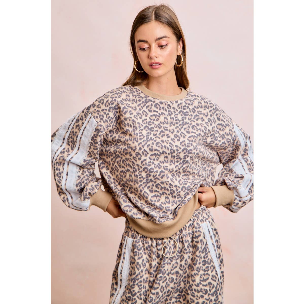 LEOPARD FRENCH TERRY LACE CONTRAST SWEATSHIRT TOP