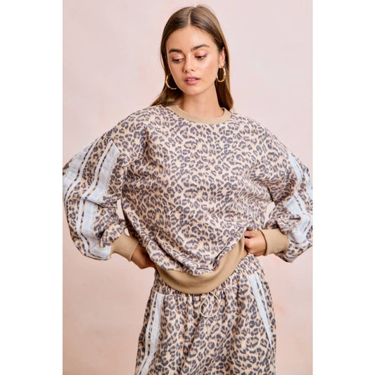 LEOPARD FRENCH TERRY LACE CONTRAST SWEATSHIRT TOP