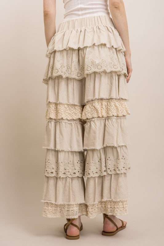 EYELET & LACE MIX TIERED LACE RUFFLE PANTS