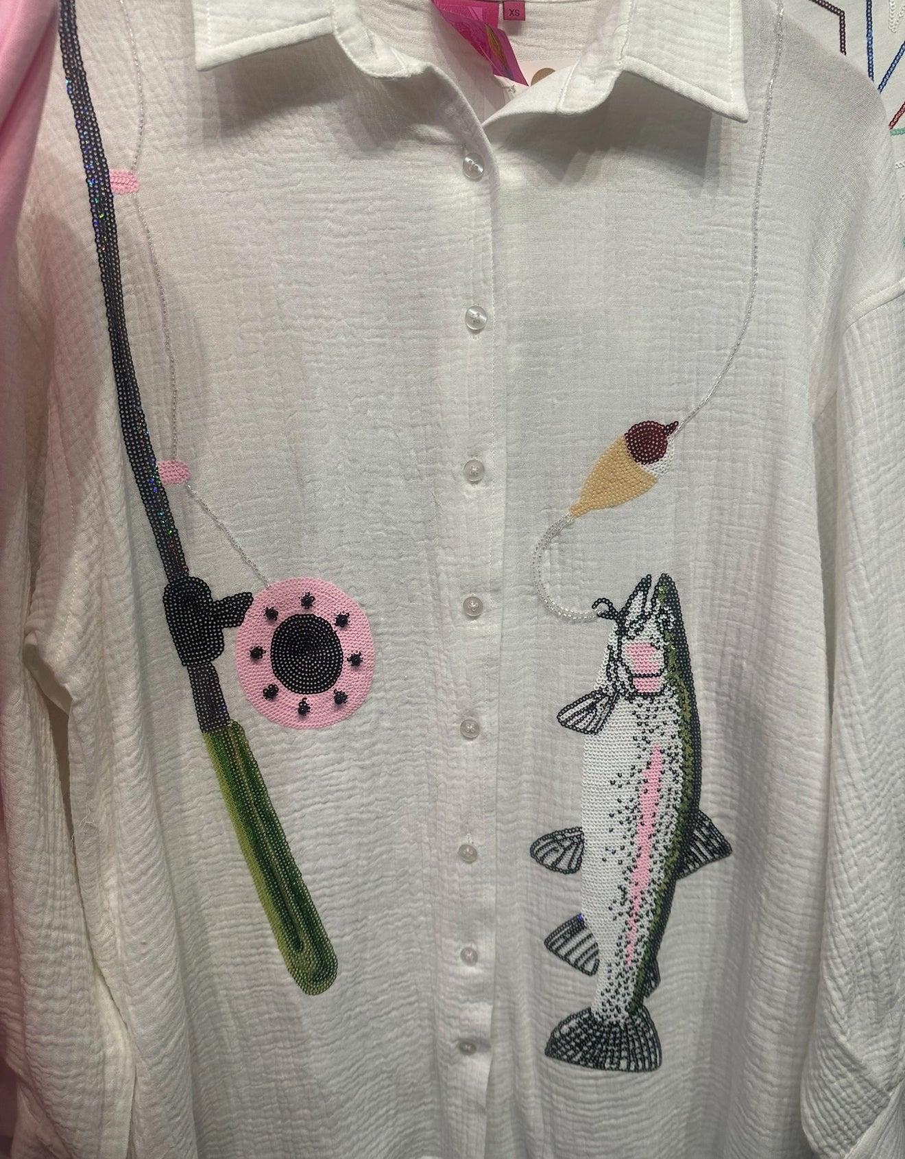 Queen Of Sparkles White Fishing Pole With Hooked Fish Gauze Button Up Collar Dress