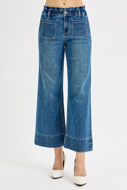 Elastic Band High Rise Crop Wide Leg Ruffle Band