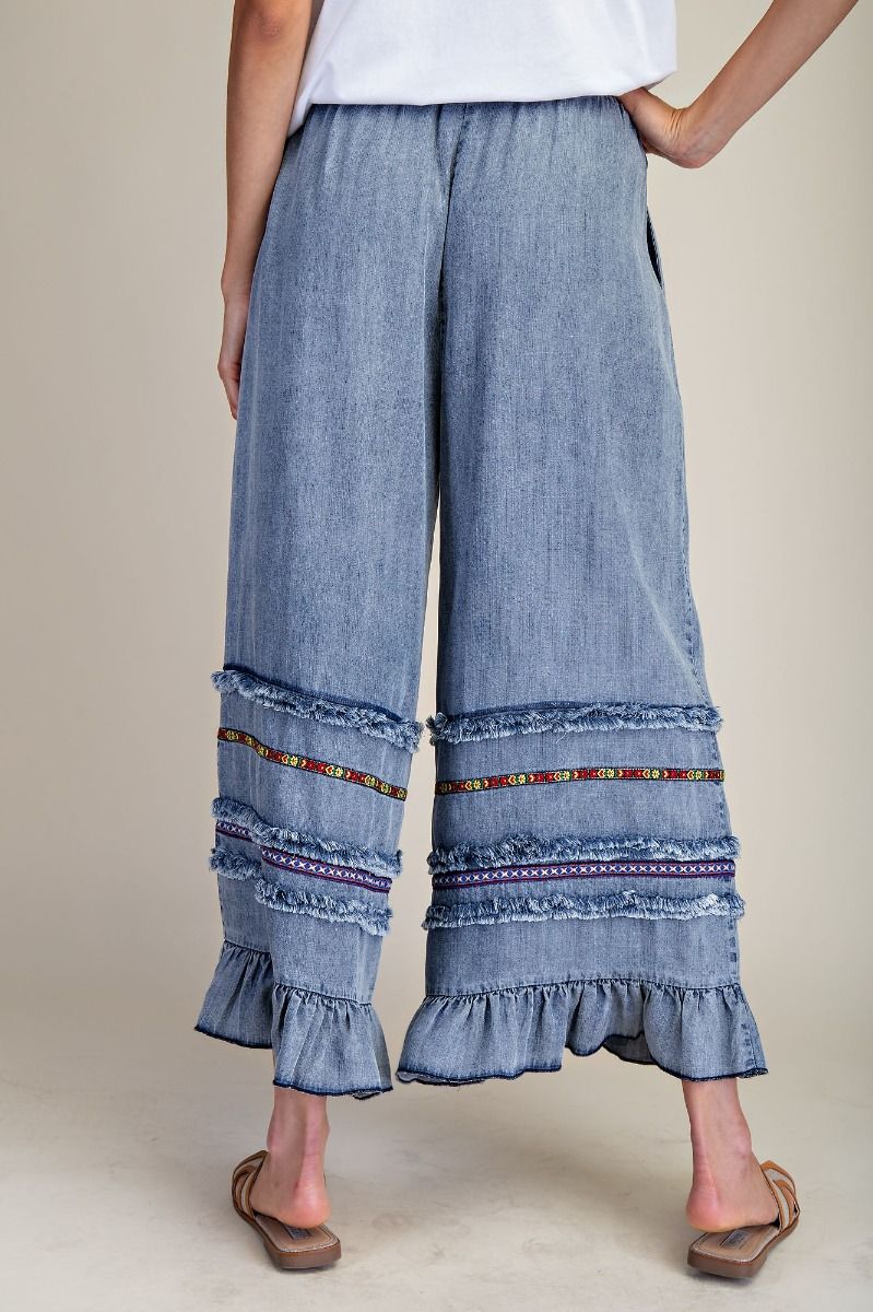 RUFFLE BOTTOM STONE WASHED CHAMBRAY PANTS