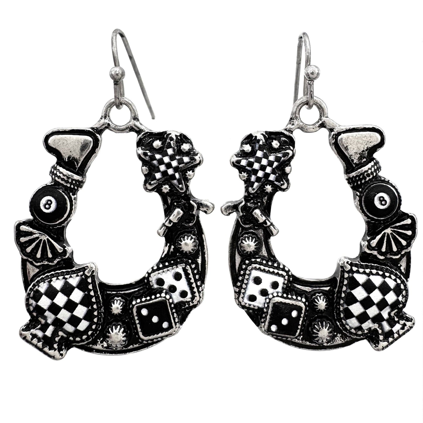 Horseshoe Checkered Print Poker Billiards Western Earrings