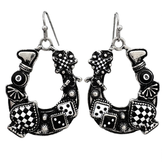 Horseshoe Checkered Print Poker Billiards Western Earrings