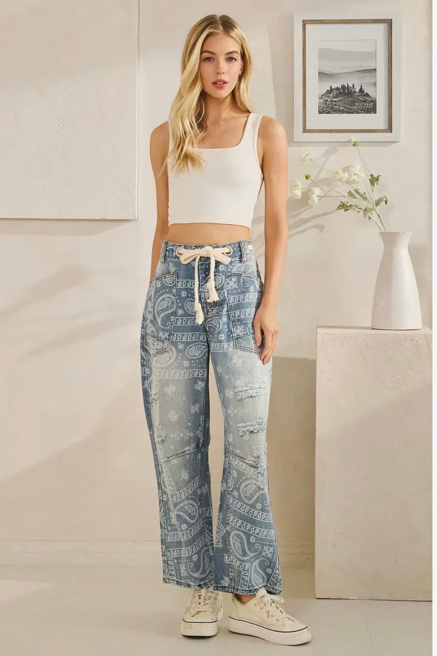 Washed Patty Paisley Patch Print Denim