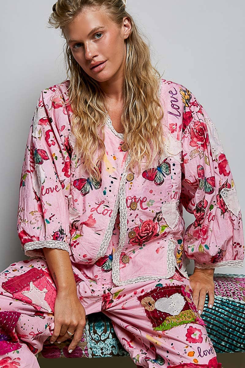 Lace Trimmed Placket Printed Vintage Star Appliqués Jacket