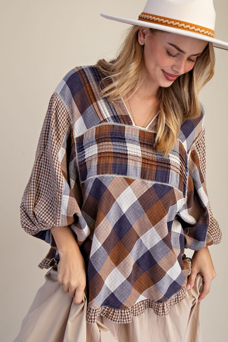 CHECKERED WASHED COTTON GAUZE TOP