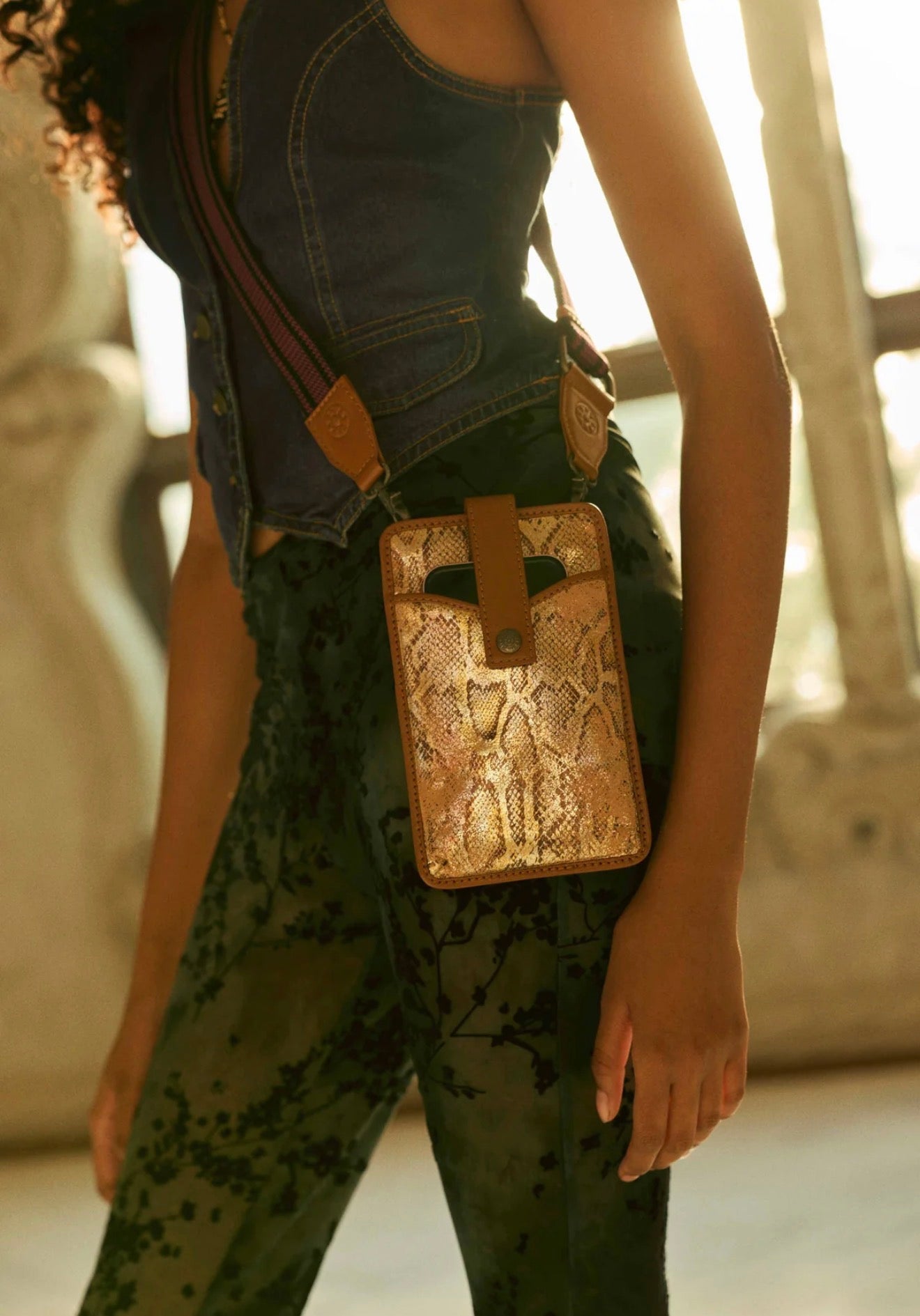 Cedar Snake Print Leather Cell Phone
Holder In Toffee Patch