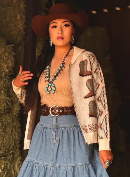 WESTERN CREAM BOOT PRINTED KNIT SWEATER