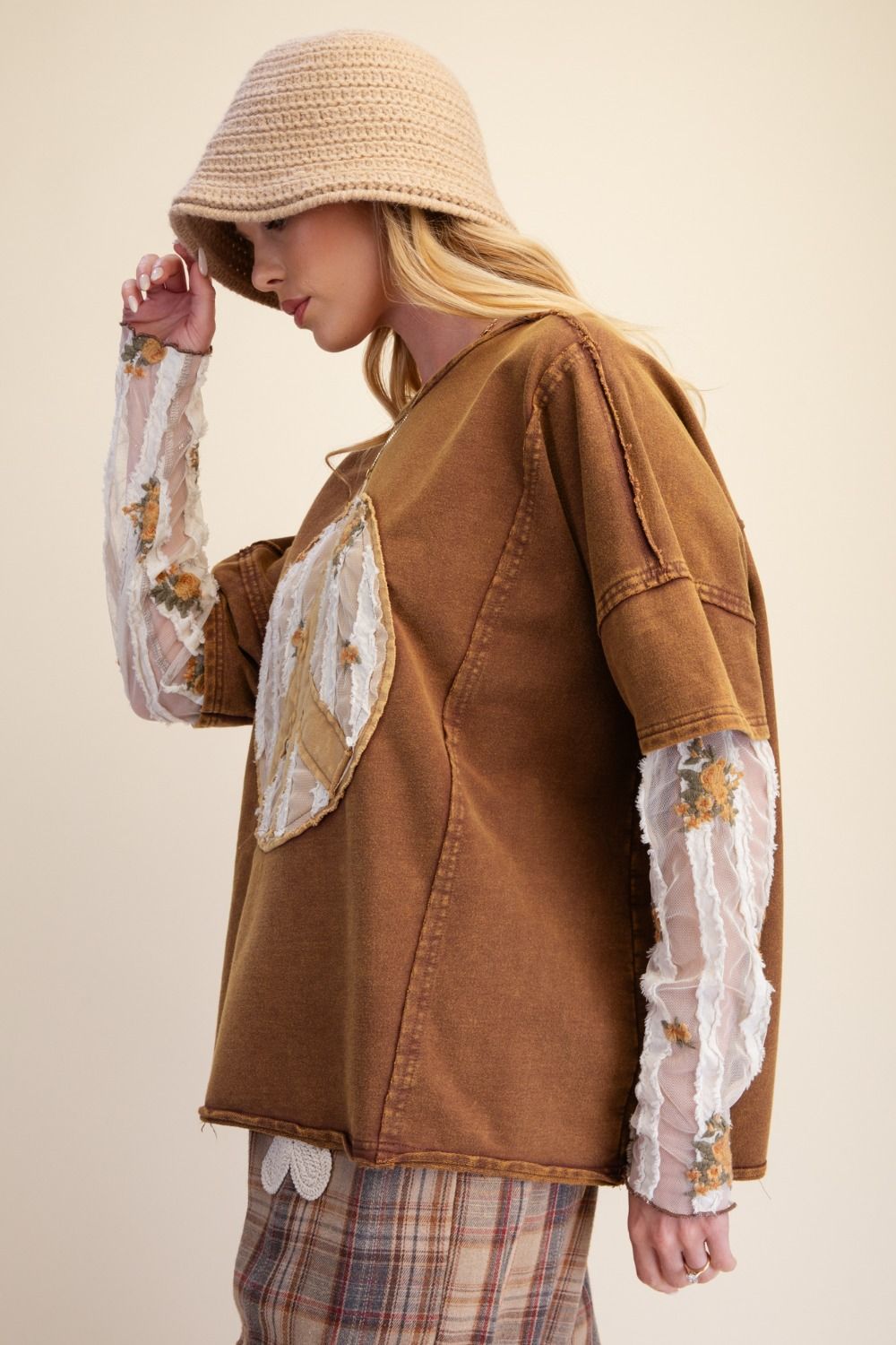 PEACE PATCH FRONT WASHED KNIT TOP - Plus Size