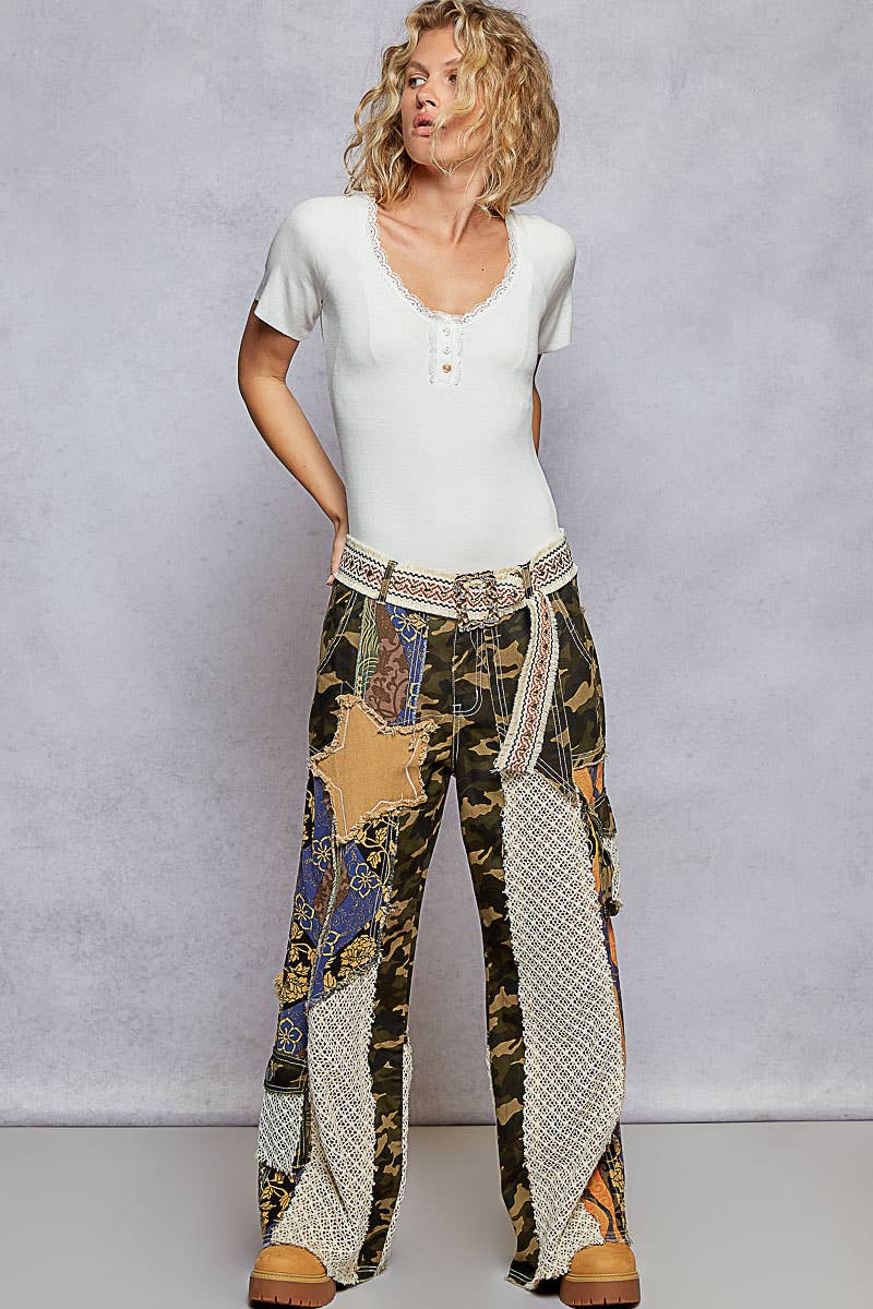 Printed patchwork detail woven twill pants