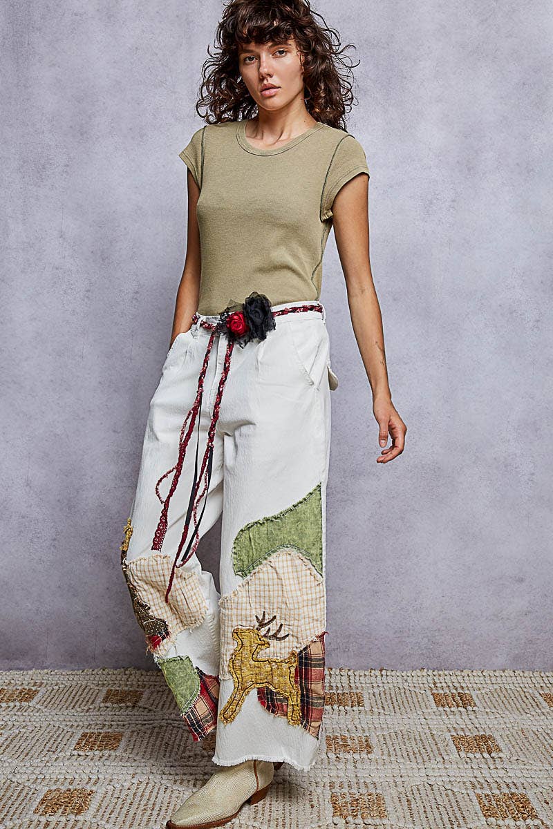 Christmas Woodland Patchwork Embroidered Wide Leg Pants