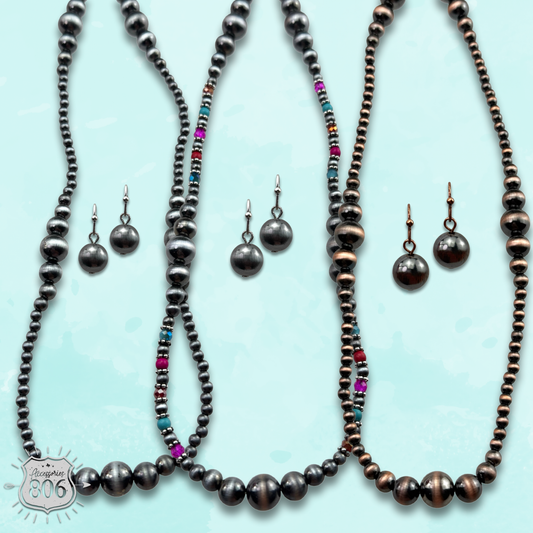 Burnished bead long necklace set