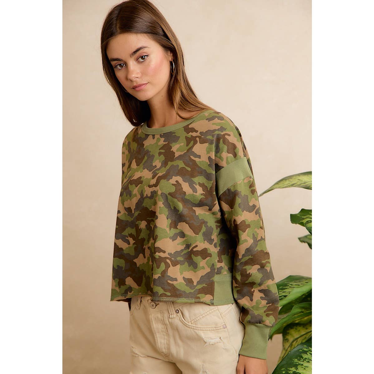 CAMO JERSEY OPEN BACK LONG SLEEVES TOP