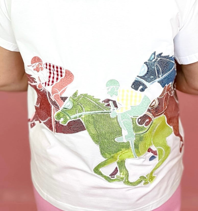Queen Of Sparkles White Multi Jockeys on Horses Tee