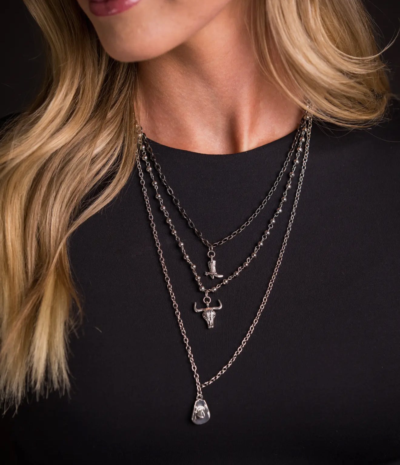 Multi Chain Necklace with Cowboy Boot, Skull and Cowboy Hat