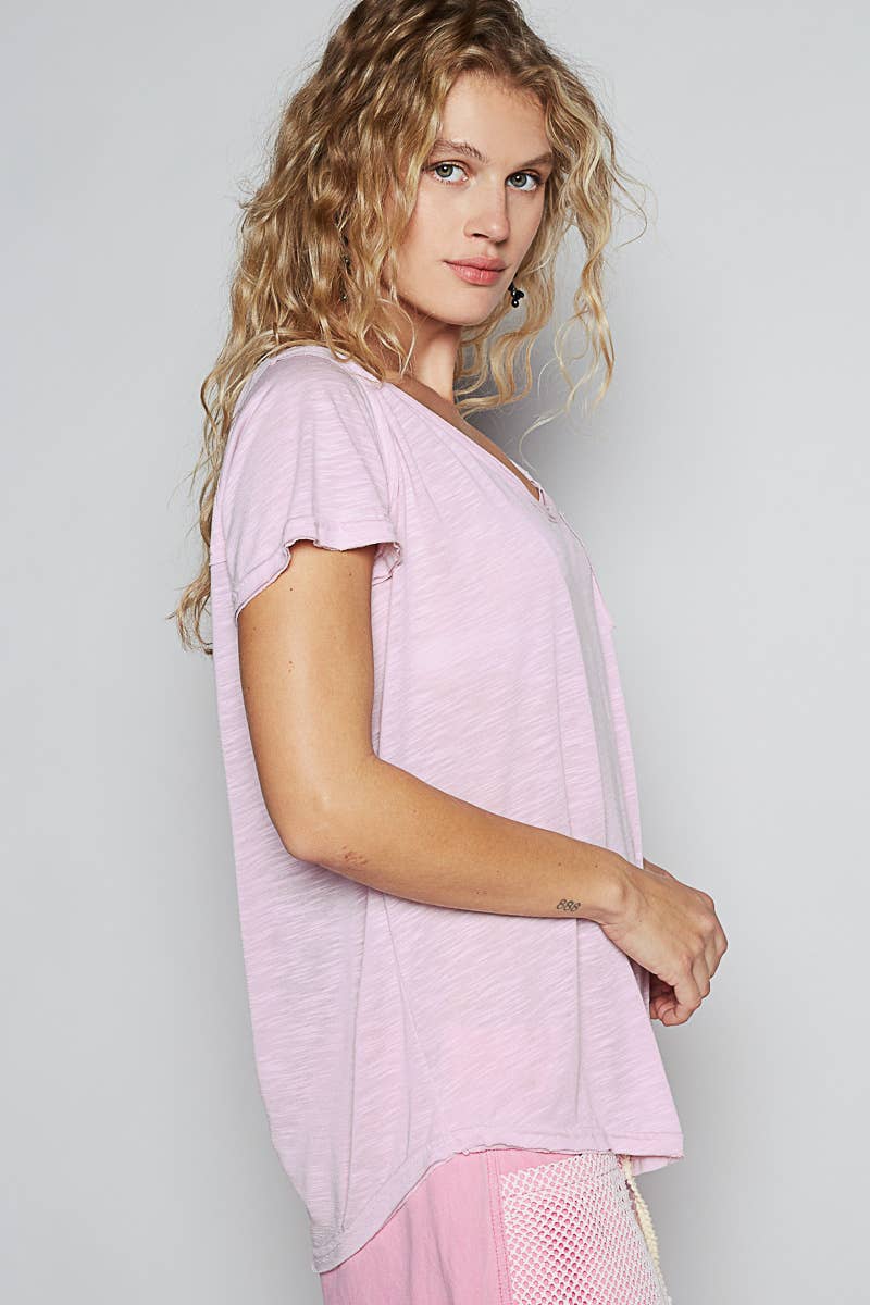 Scoop Neck Rayon Slub Tee with Pocket Front and Short Sleeve