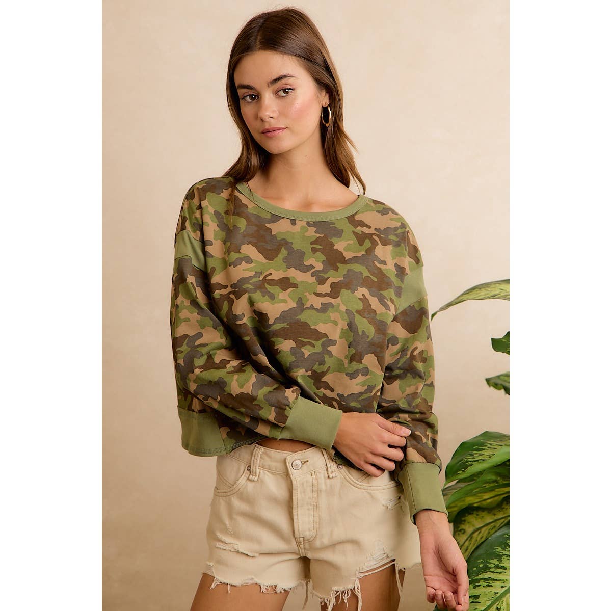 CAMO JERSEY OPEN BACK LONG SLEEVES TOP