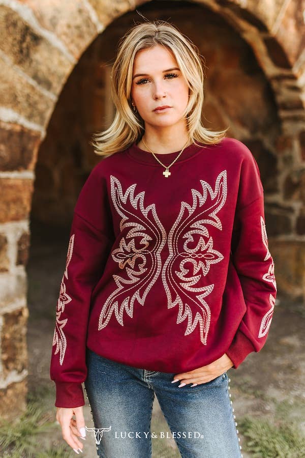Burgundy Boot-Stitch Detail Long Sleeve Sweatshirt