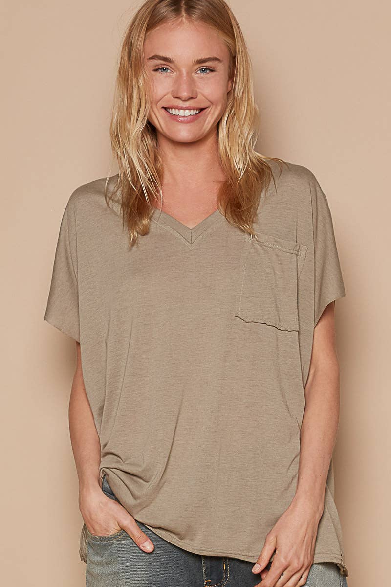 Oversized v-neck front pocket short sleeve solid top SALE