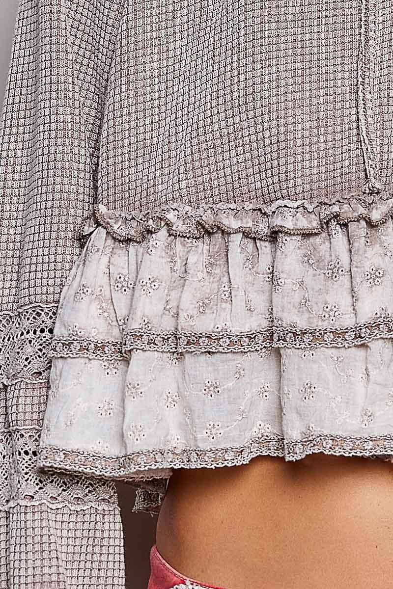 Deep V-Neck Cotton Eyelet Ruffle Balloon Sleeve Thermal Top