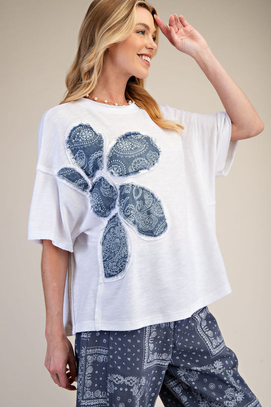 FLORAL PATCH WASHED COTTON BOXY TOP