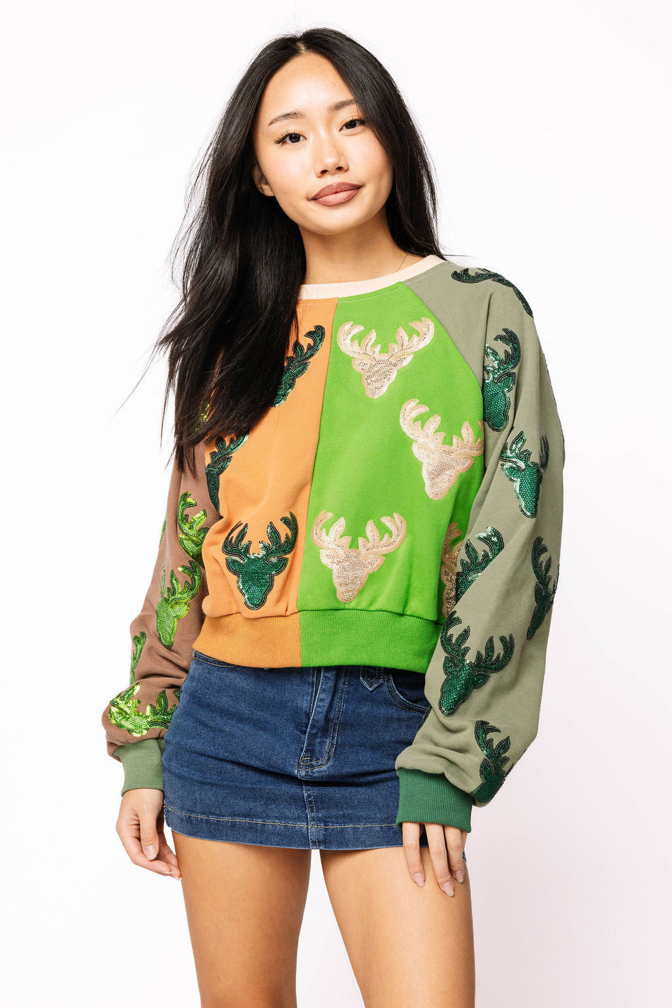 Queen Of Sparkles Colorblock Deer Print Sweatshirt