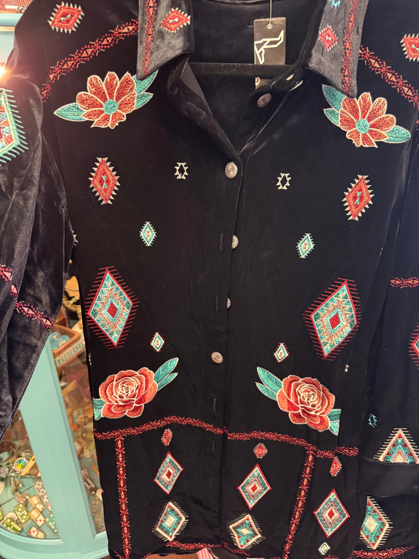 BLACK VELVET BUTTON DOWN FLORAL AZTEC EMBROIDERED DETAIL LONG SLEEVE DRESS