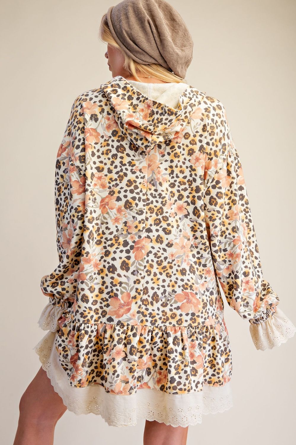ANIMAL PRINTED RUFFLE BOTTOM ZIP UP TUNIC DRESS