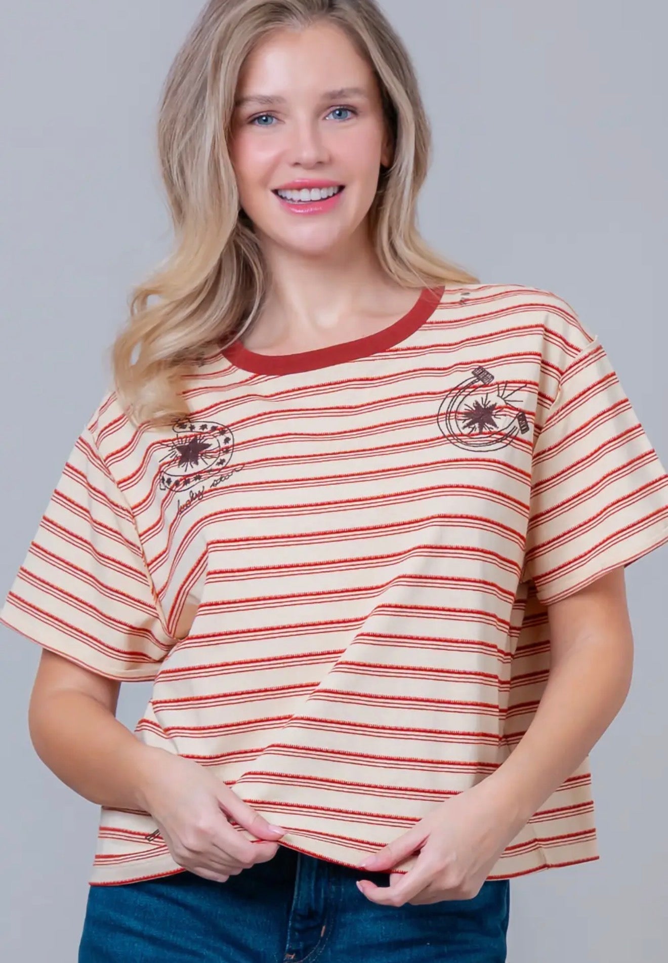Short Sleeve Striped
Horseshoe Print Embroidery