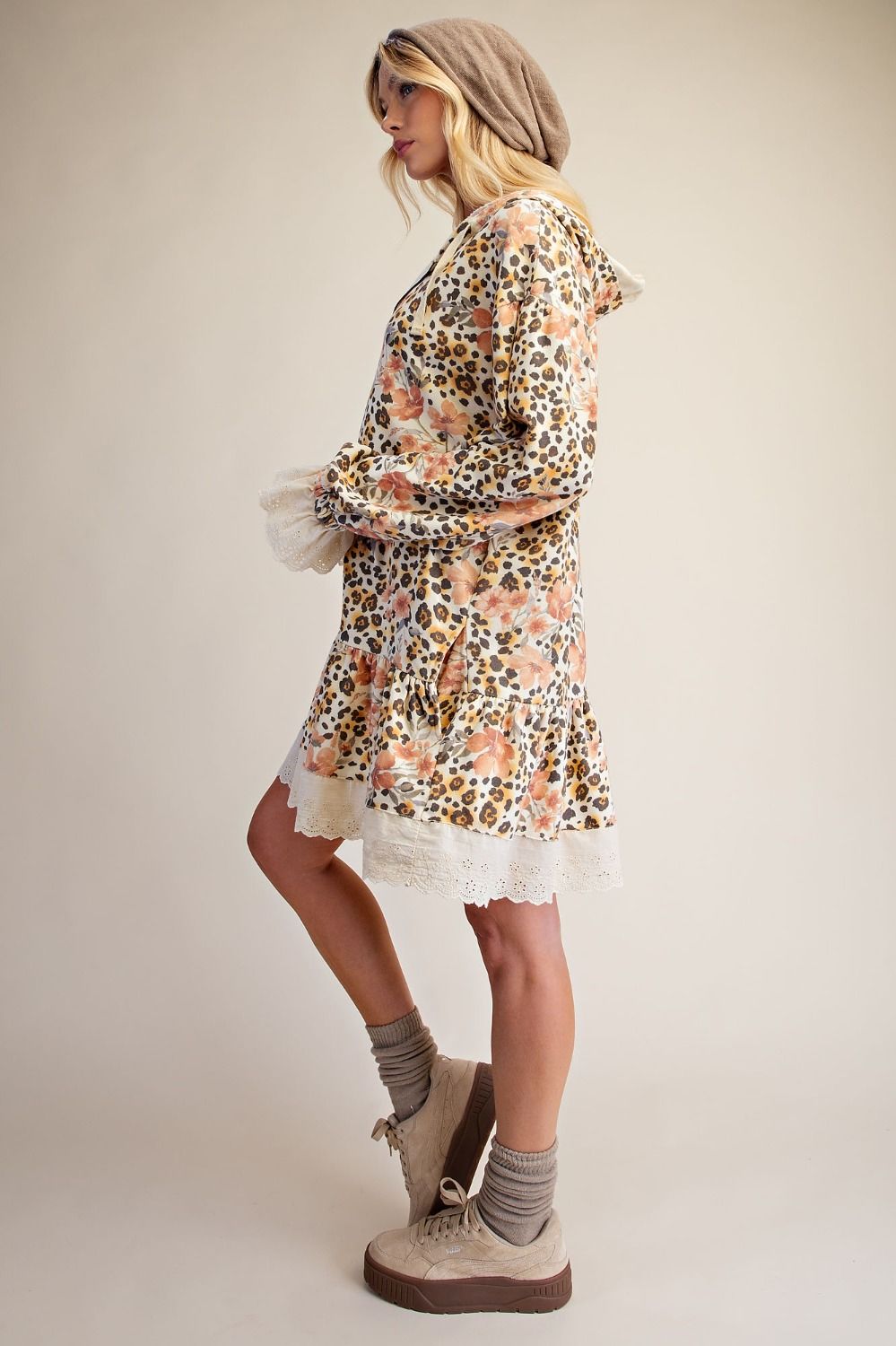 ANIMAL PRINTED RUFFLE BOTTOM ZIP UP TUNIC DRESS